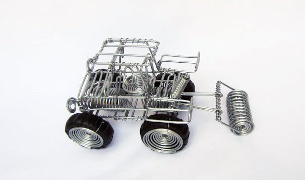 #9543 Tractor, #9544 Earthmover, #9545 Steamroller, #9546 Motorcycle, #9547 Bicycle, #9548 Bead Bike, #9549 VW, #9588 Landrover Wire Transport Sculptures